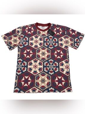 Karl Kani Mens T-Shirt Large L Red Dahlia All Over Print Floral Tile Logo NWT